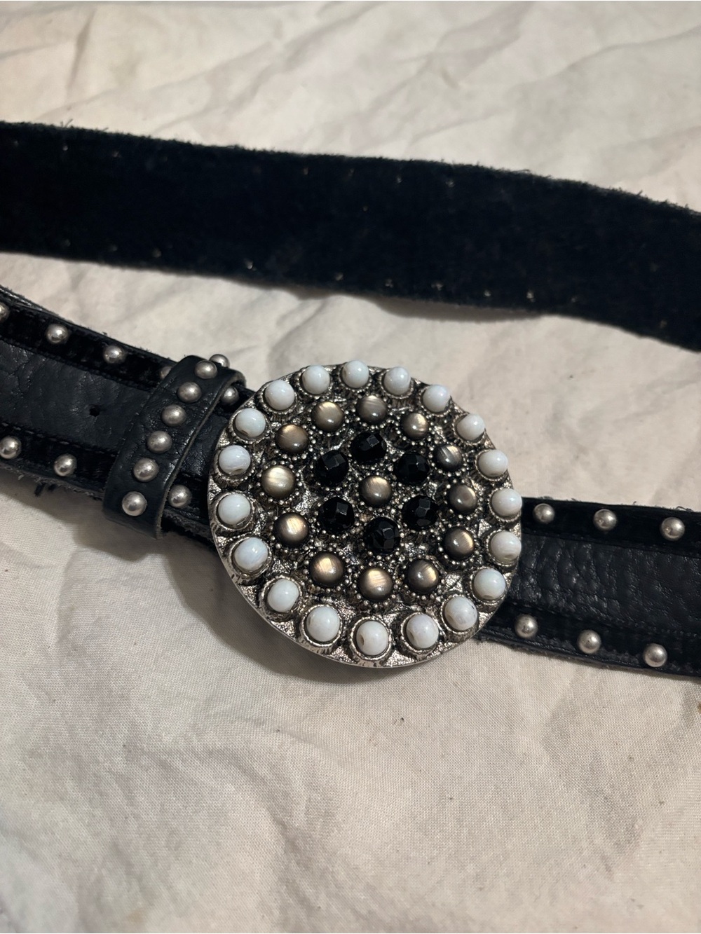 Leatherock 6673 Studded Black Leather and SuedeBelt with Decorative Round Concho